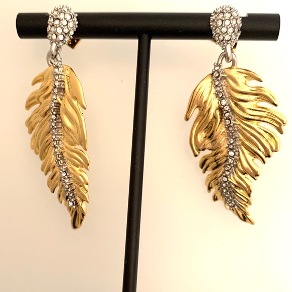 Alexis Bittar Gold Georgian Feather Swarovski Crystal Post Drop Hinged Earrings - Picture 8 of 15